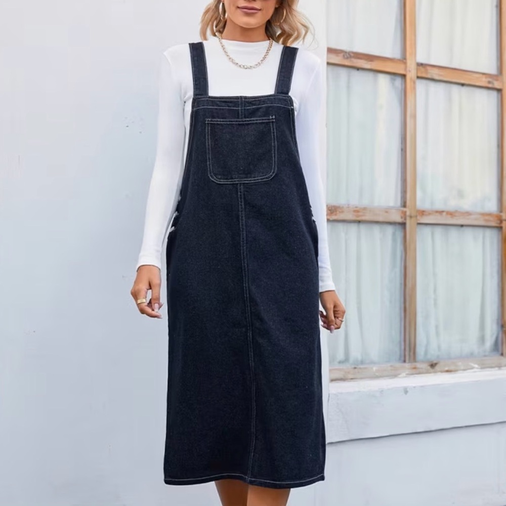overall denim dress contrast stitching front patch pocket adjustable Straps S - Picture 1 of 10